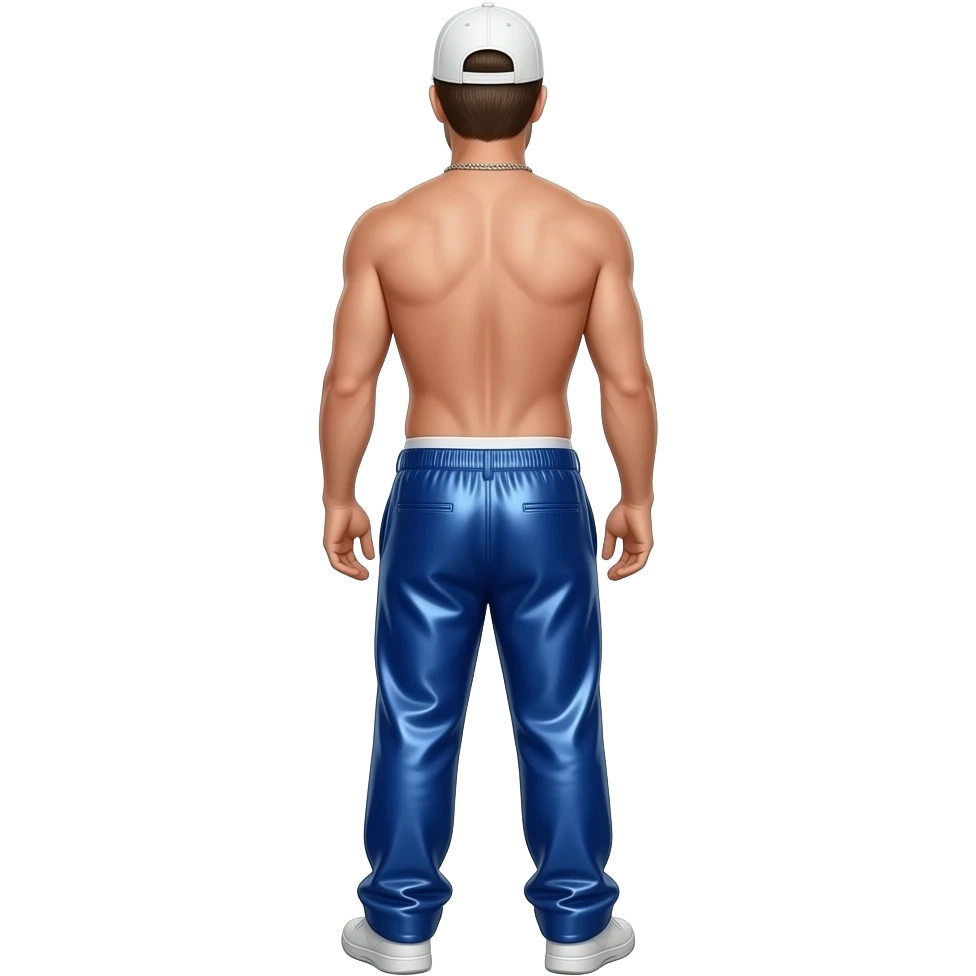Mark Wahlberg from behind with white cap, royal blue metallic saggy pants with white undies, shirtless with necklace emoji
