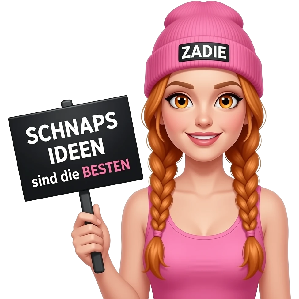 sexy girl with overlong ginger braids and ginger eyes wearing a pink tanktop and a pink beanie with ZADIE written on it, is holding a black sign with SCHNAPS IDEEN sind die BESTEN written on it emoji