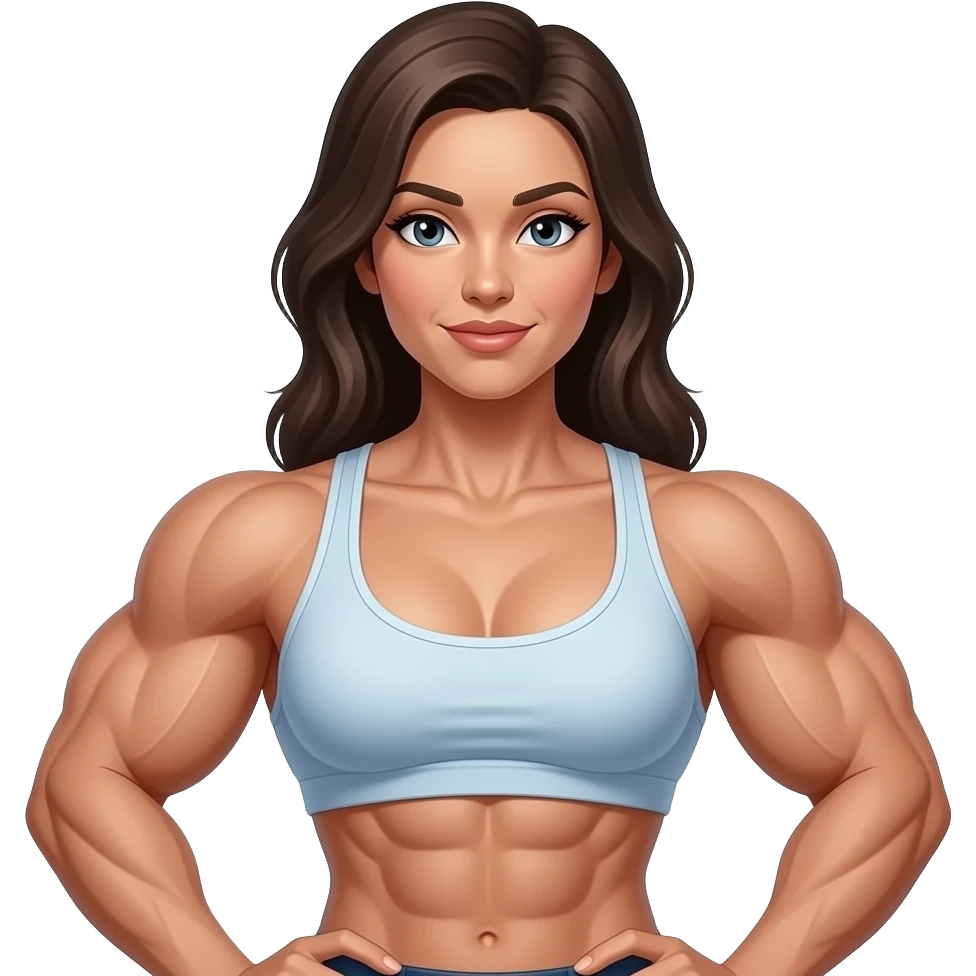 A medium shot captures a powerfully built woman with a muscular physique, his chest and arms prominently displayed. sHe wears a tank top emoji