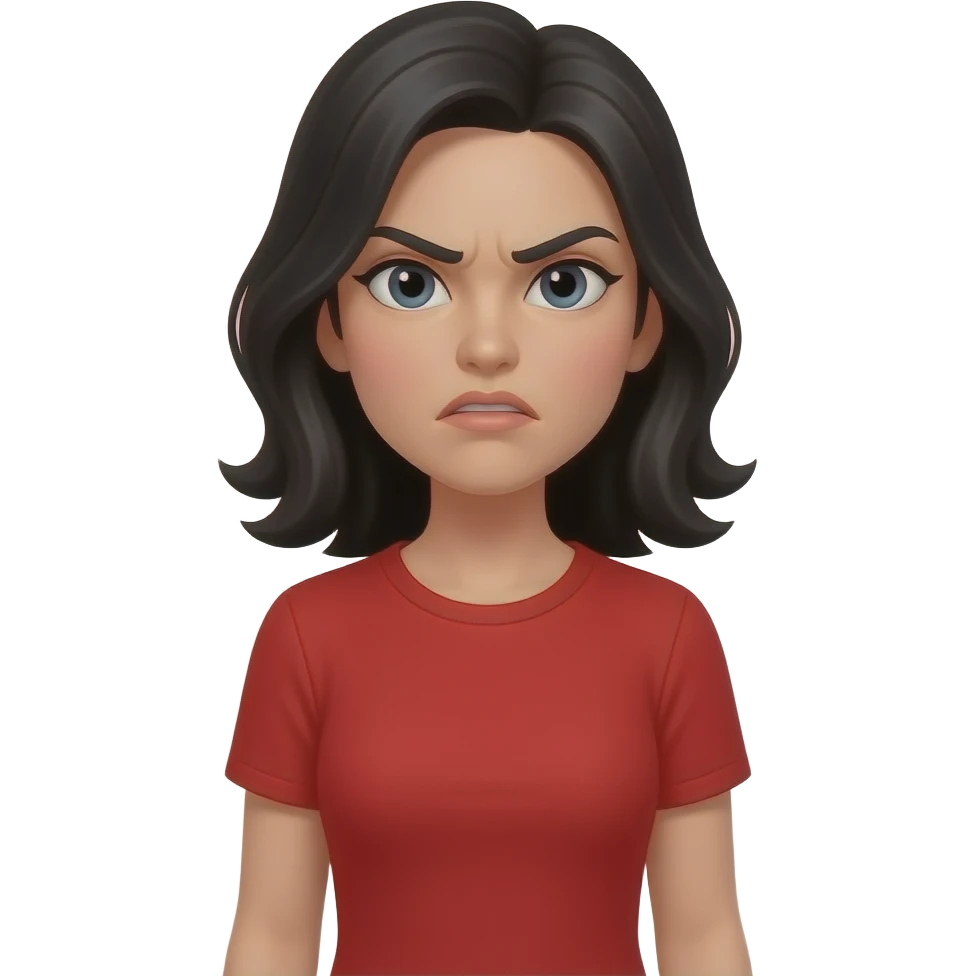 woman with black hair with a red shirt full body mad emoji