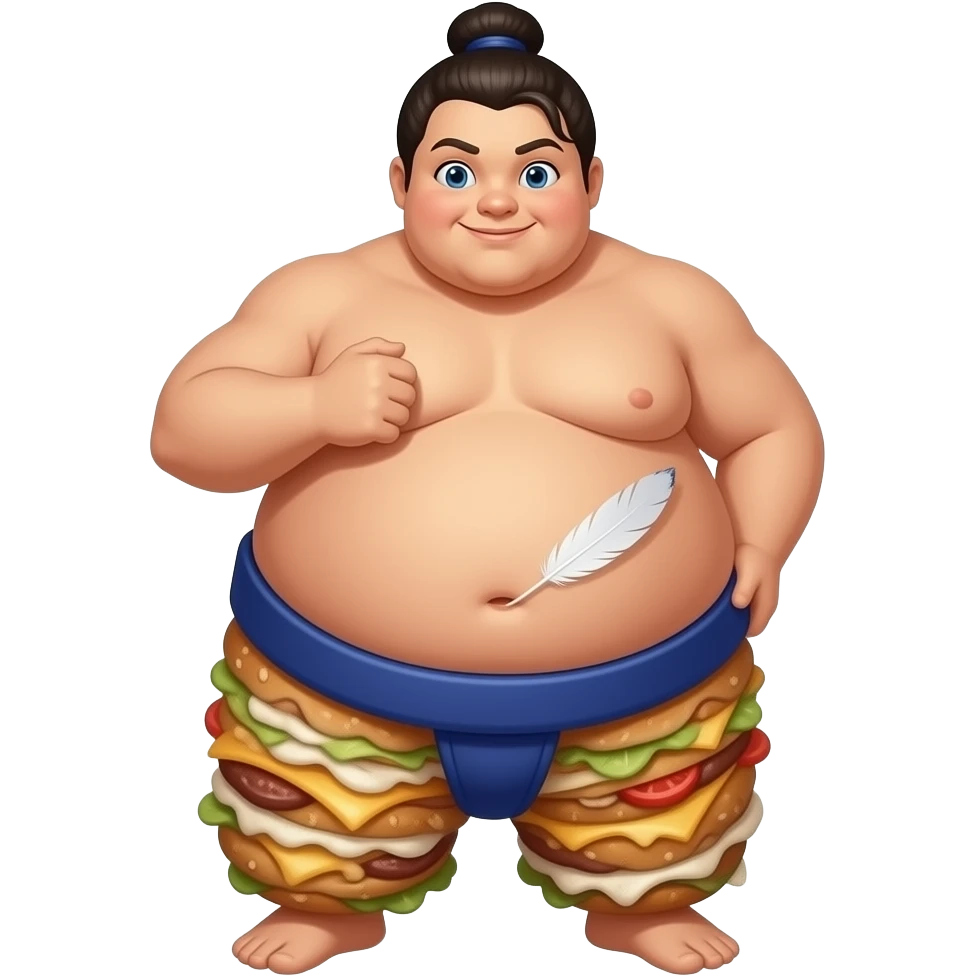 A girl sumo warrior,she is stuffed silly after all you can eat buffet,her giant food baby belly hangs over her pants & busted belt,her bellybutton gets tickled by a magical feather. emoji