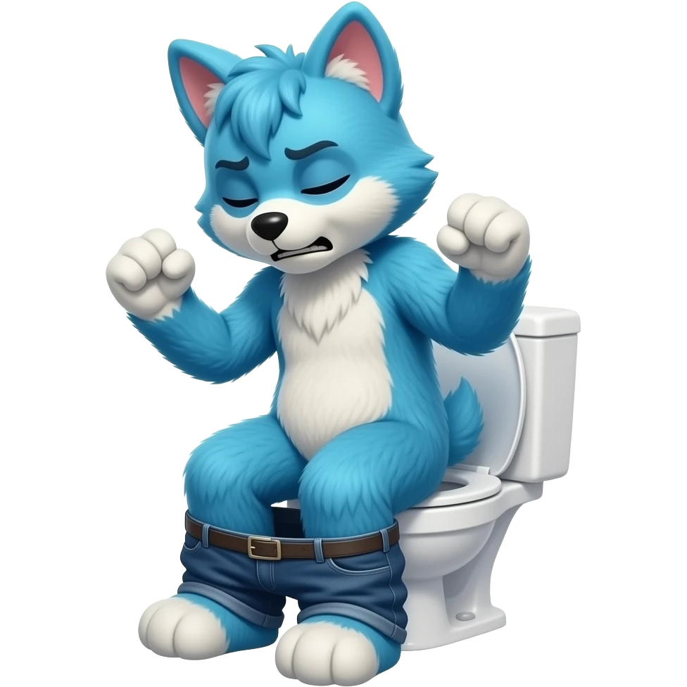 blue fursuit sitting on toilet, side view, pants down, straining face, eyes closed, pushing, squeezing, both fists emoji