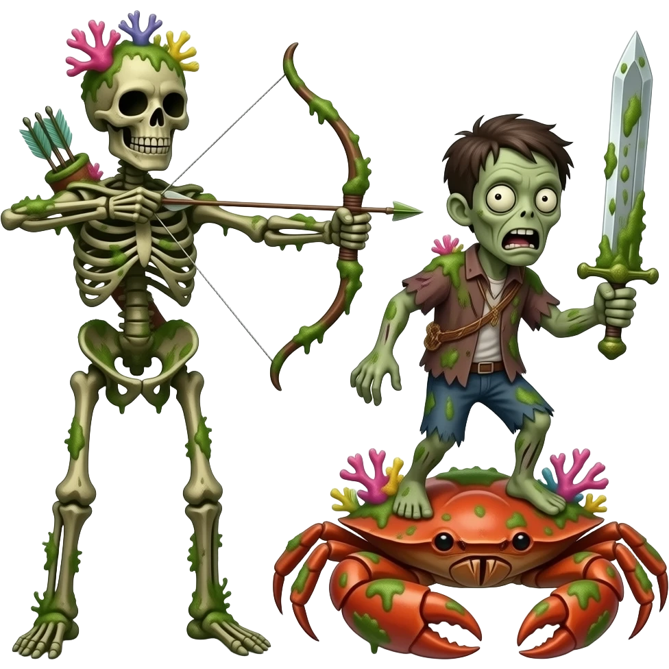 A  algae covered brown skeleton covered with corals and seaweed holding an algae covered bow and arrow A  algae covered brown zombie covered with corals and seaweed holding an algae covered sword  riding on an algae covered crab emoji