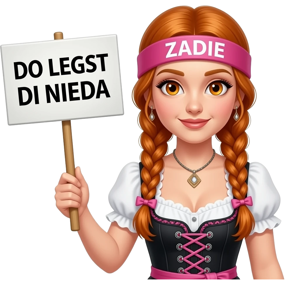 sexy girl with overlong ginger braids and ginger eyes wearing a black pink dirndl and a pink headband with ZADIE written on it, is holding a sign with DO LEGST DI NIEDA written on it emoji