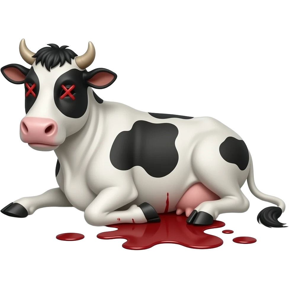 vaca muy muy flaca con equis en los ojos acostada en el piso con poquito de sangre emoji