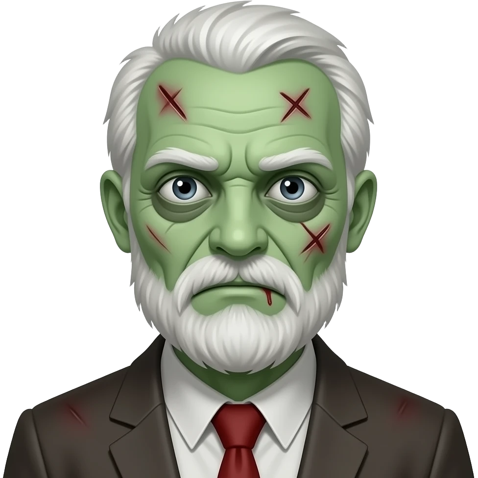 zombie old man with pale green skin, visible wounds, scary expression, dead eyes emoji