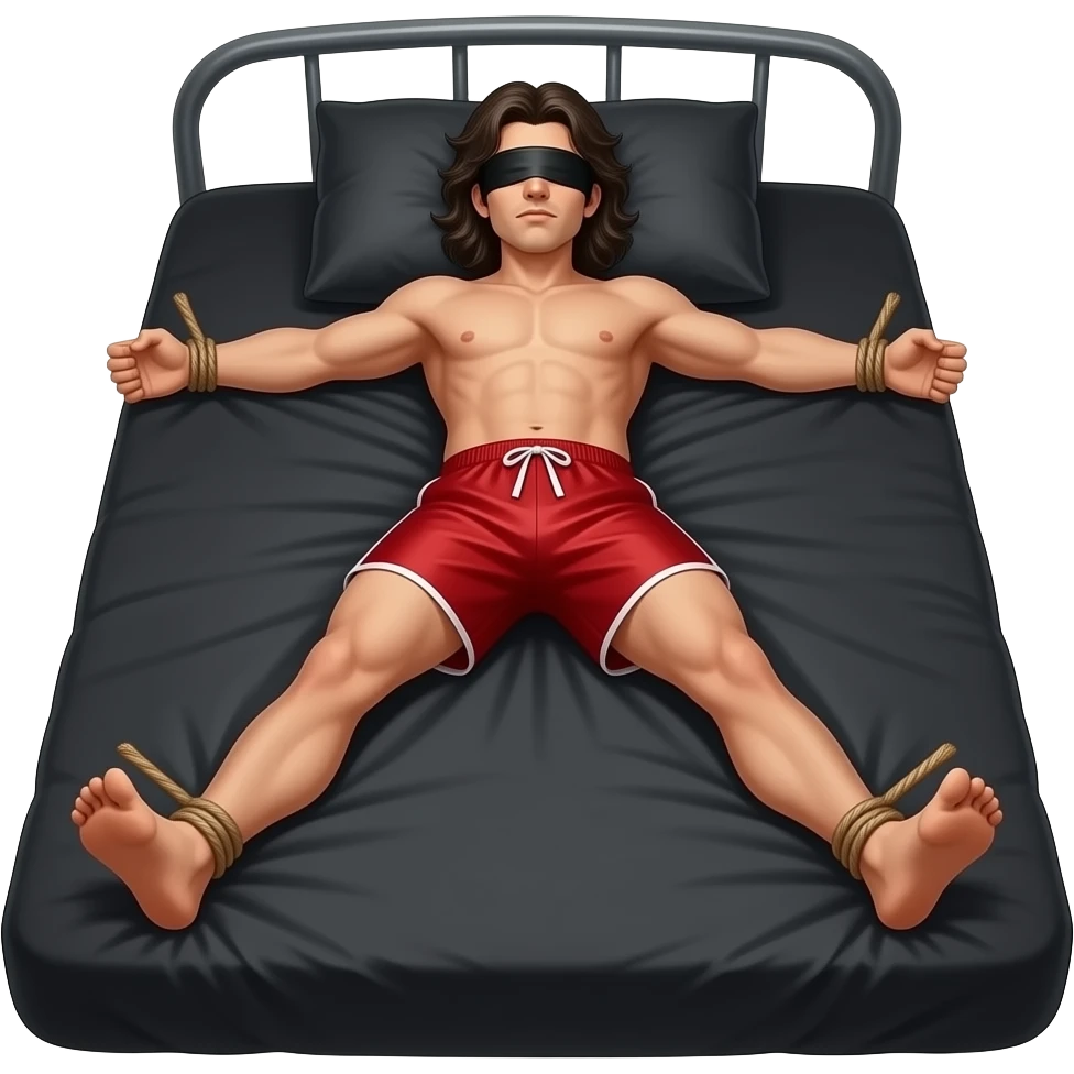 man in blinfold, in silky red shorts, long dark hair, laying face down, arms and legs tied apart, on black bed emoji