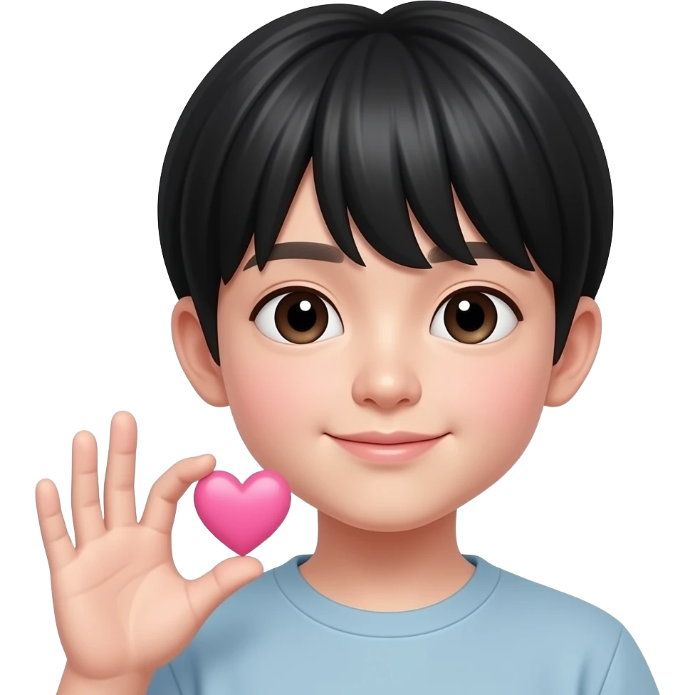 Sending kiss Cute Korean boy emoji, soft black straight bangs, pale skin, small lips, gentle round eyes, subtle mole under right eye, sending a pink heart on handpalm pose near the face with one hand, glossy 3D Pixar-style render, realistic Korean idol vibe, face and hand only emoji