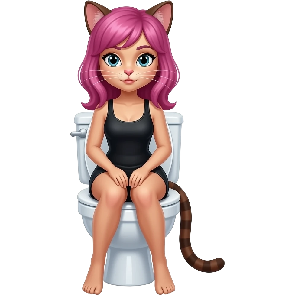 Female dark brown cat furry woman sit on toilet,pink hair emoji