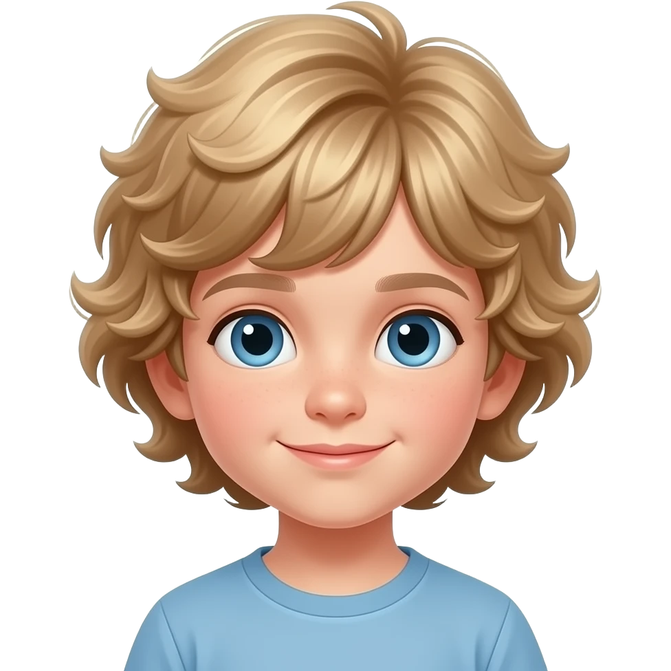 white kid blue eyes mid length with bangs soft curly hair middle to little darker blonde emoji