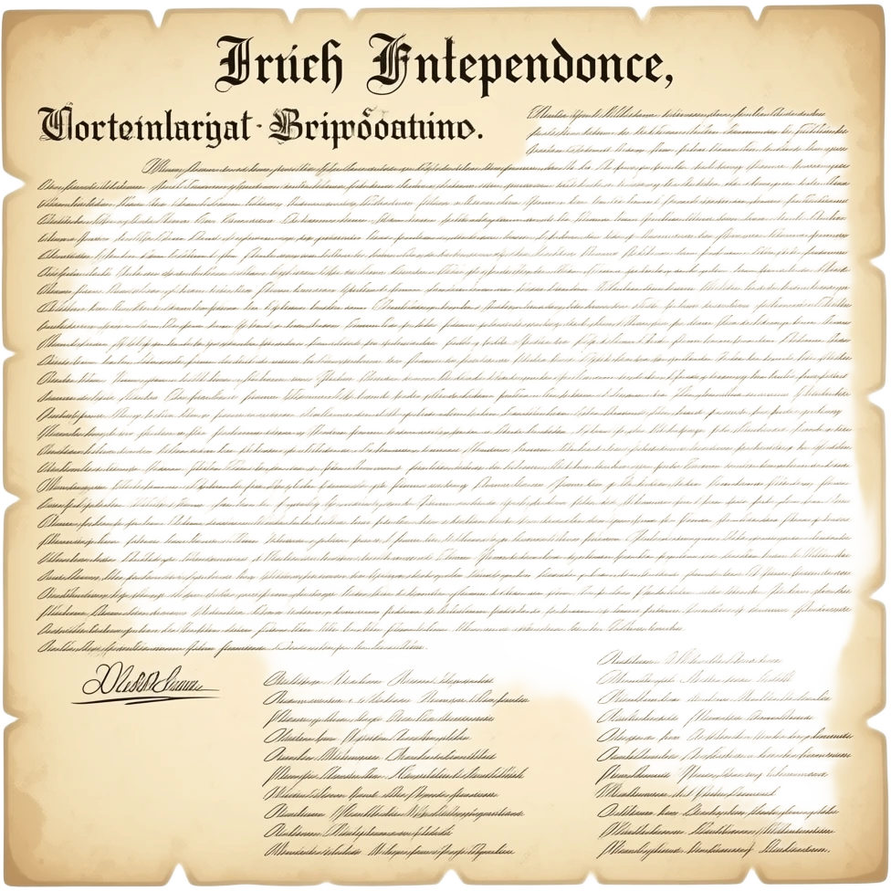 American Independance document: aged rectangular parchment document, yellowed and stained with centuries of wear, densely covered in faded handwritten script. A prominent calligraphic heading spans the top, while dozens of dark signatures cluster across the lower section. emoji