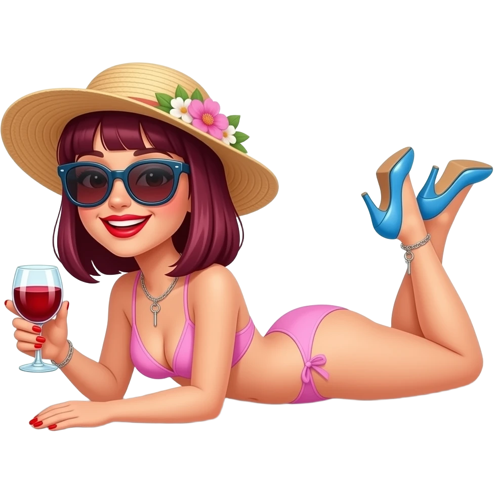 Woman. Burgundy, straight shoulder-length hair, lying down, sunbathing by swimming pool. baby pink bikini. very high blue stiletto heels. bright red lipstick. bright red nail polish. smiling. Ankle chain with small key dangling off. glass of red wine in one hand. flowery sun hat. large sunglasses. emoji