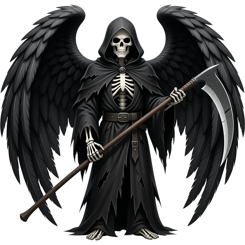 A realistic grim reaper with giant black angel wings (fullbody) holding a scythe emoji