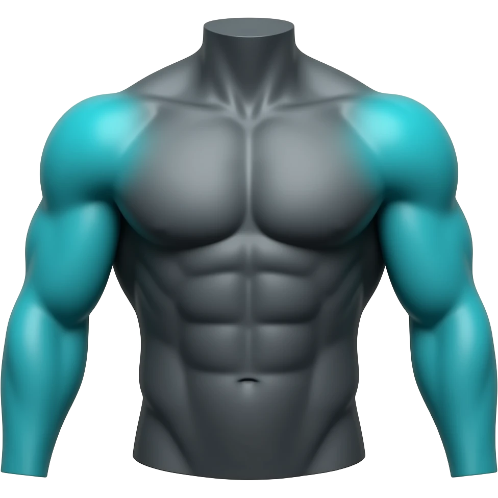 Minimal anatomical icon, dark background, front view torso with arms in dark grey, ONLY the biceps muscle bulge on the FRONT of the upper arm (between shoulder and elbow) highlighted in glowing cyan-teal #00D4B1, NOT the forearm, NOT the shoulder, NOT the chest emoji