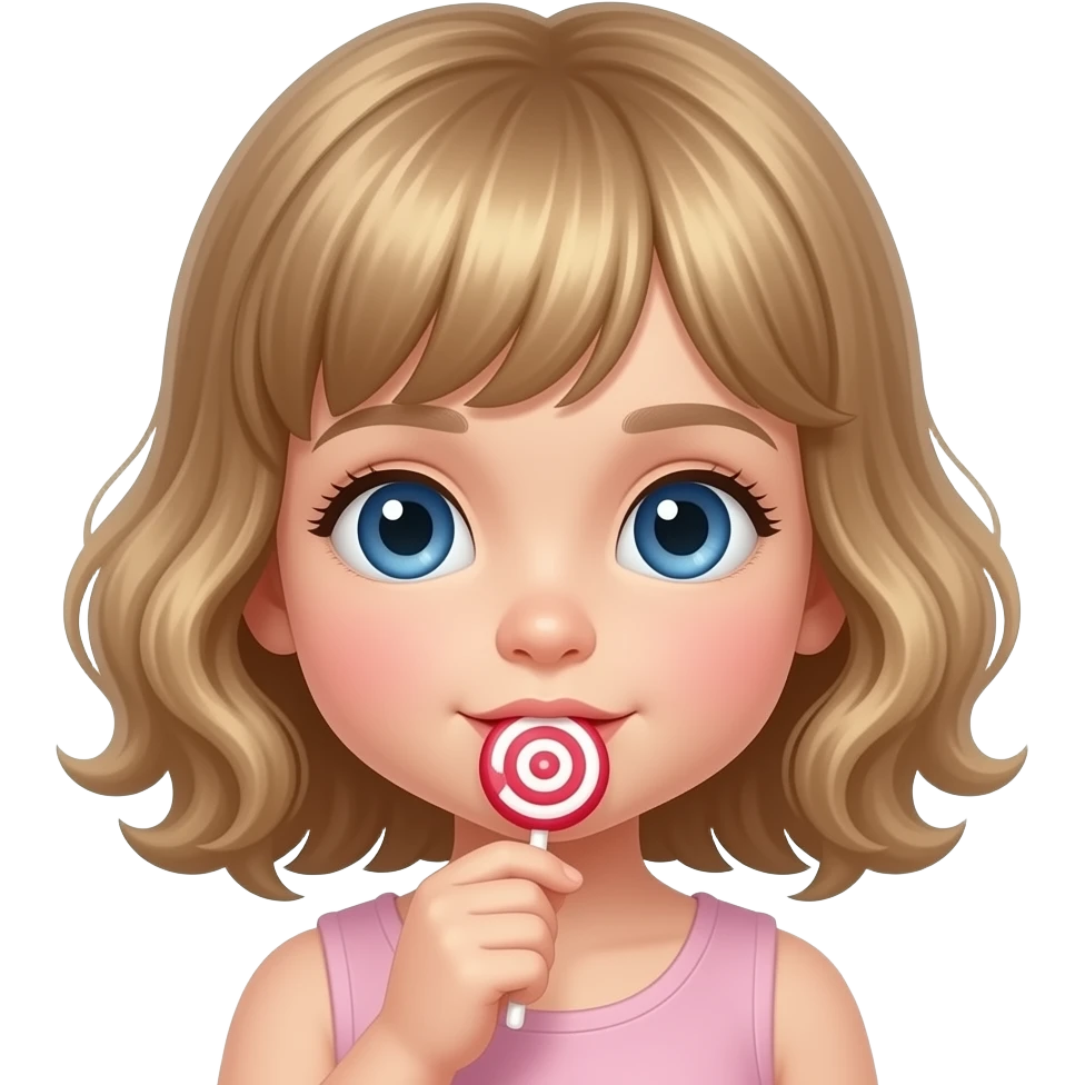 white kid blue eyes mid length with bangs soft curly hair to shoulders in color: middle to little darker blond, eating candy emoji
