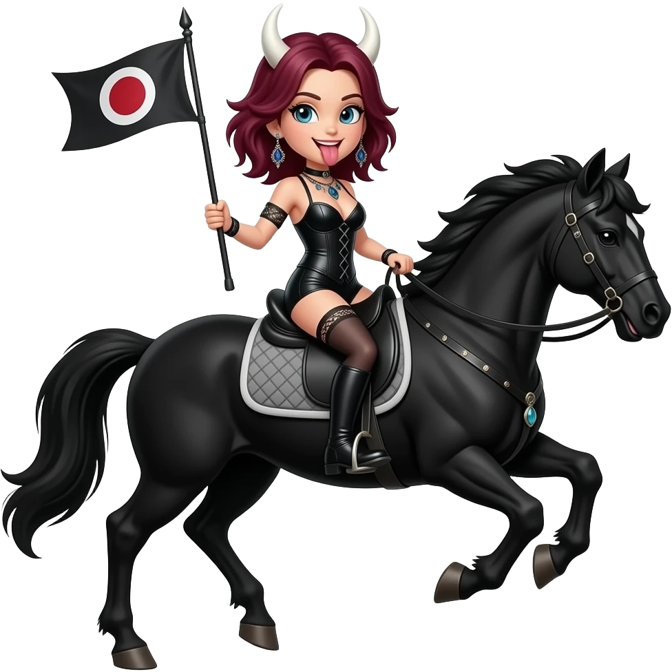 short rocker shag burgundy hair w white hornes  garder studded over knee stilettos  w face from my google profile pic tongue out wearing sexy low cut boostier midrift jewel arm band long earrings jeweled gothic necklace fast black stallion with a gothic red lettering Lucyfur  flag  emoji emoji