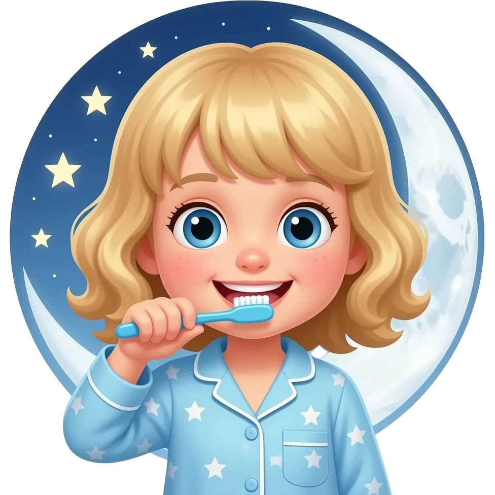 white kid blue eyes mid length hair to her shoulders with bangs soft curly hair to shoulders in color: middle to little darker blond. brushing her teeth in pyjamas with a moon and stars behind her emoji
