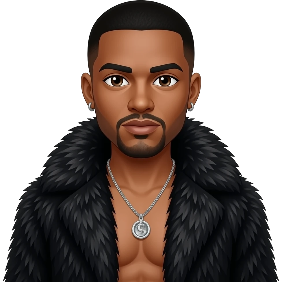 O'Shea "Ice Cube" Jackson with dark brown eyes, black buzz cut hair, black fur shawl, charcoal gray metallic baggy pants, shirtless with necklace and earrings emoji