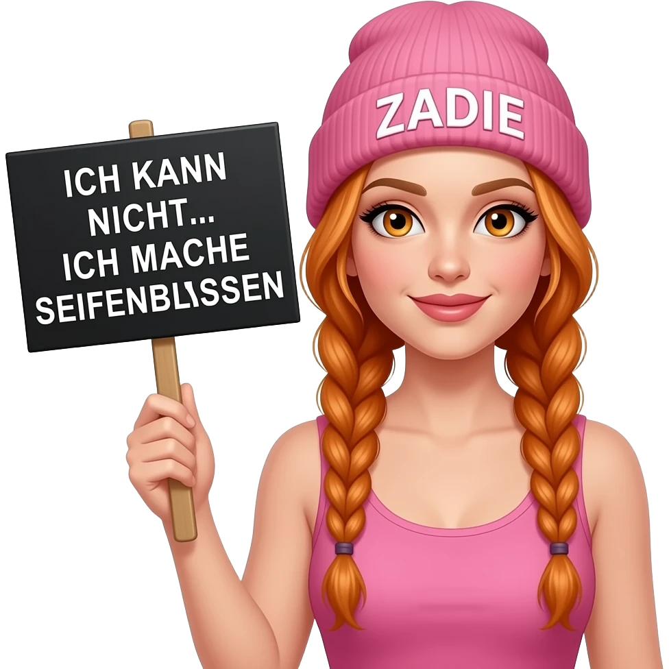 sexy girl with overlong ginger braids and ginger eyes wearing a pink tanktop and a pink beanie with ZADIE written on it, is holding a black sign with ICH KANN NICHT... ICH MACHE SEIFENBLASEN written on it emoji