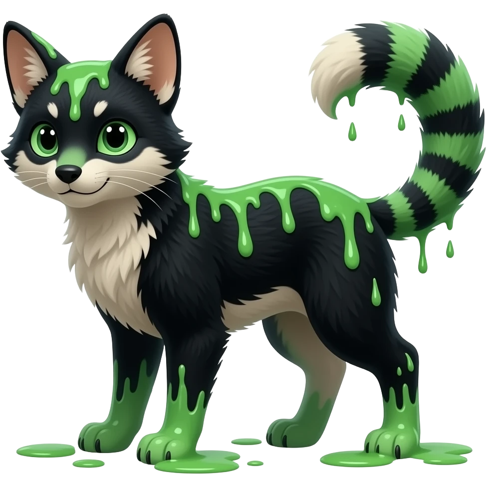 Hyper-realistic forest-hunger-green-emerald-green-onyx-black-gradient velvet fur soaked in slime, striped tail, striped back, tufted ears, tufted legs emoji