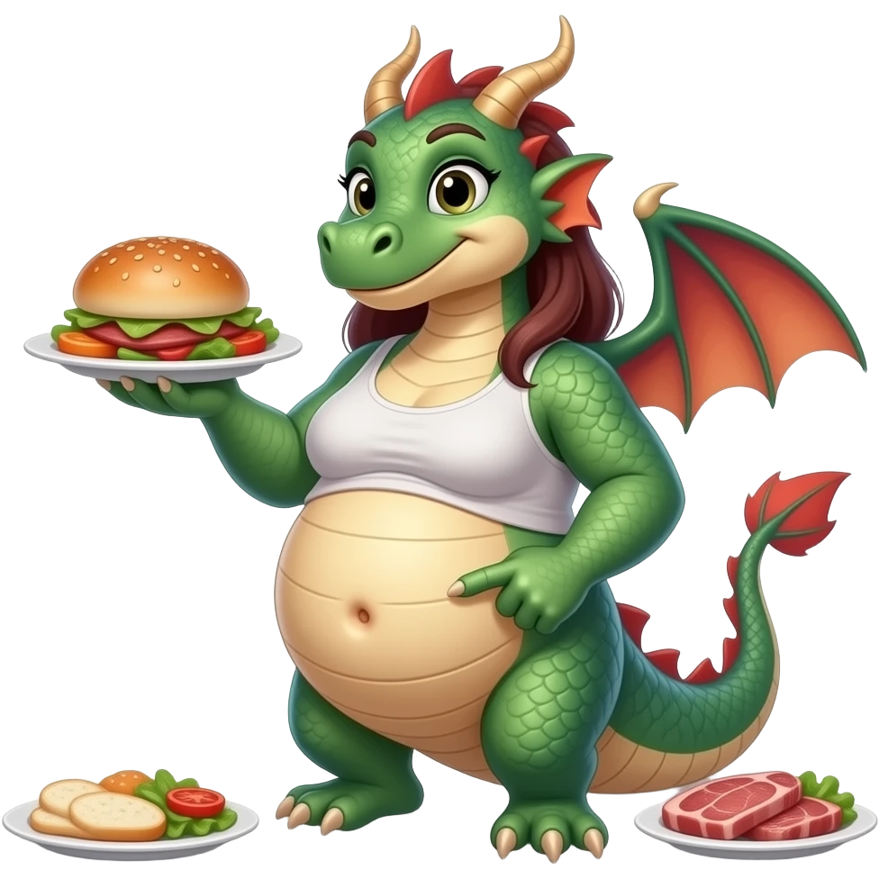 A female eastern dragon,enjoyed a meat buffet,now she pretends she has a twin baby bump,she sticks out her big full stomach,she is just perfect pointing cutely at her food baby,it is a guessing game with her bun in the oven,but she knows she is just fat,her bellybutton makes agreement with clues. emoji
