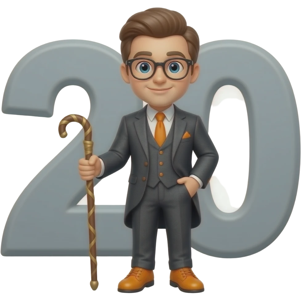 A gray-ish number 20 that has a fancy suit and orange shoes and a walking stick and it looks very fancy and it has a little zigzag on the 2 and the 0 , remove the man emoji