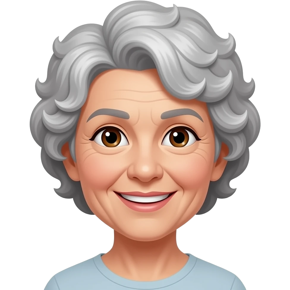 Older woman grey short very curly hair brown eyes smile emoji