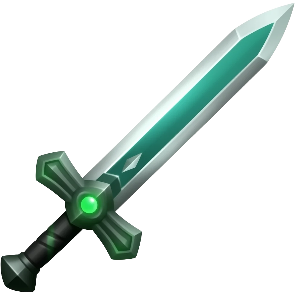 A Discord emoji of a sharpened emerald sword with a glowing green rune on the hilt. High-end fantasy style, sleek, metallic black, white background. emoji
