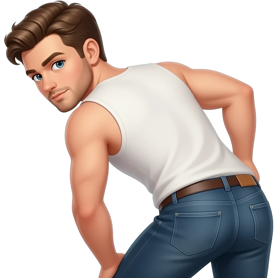 A guy bent over looking back over his shoulder with us looking from behind himmake it sexy and looking directly at his ass and have him looking over his back at us emoji