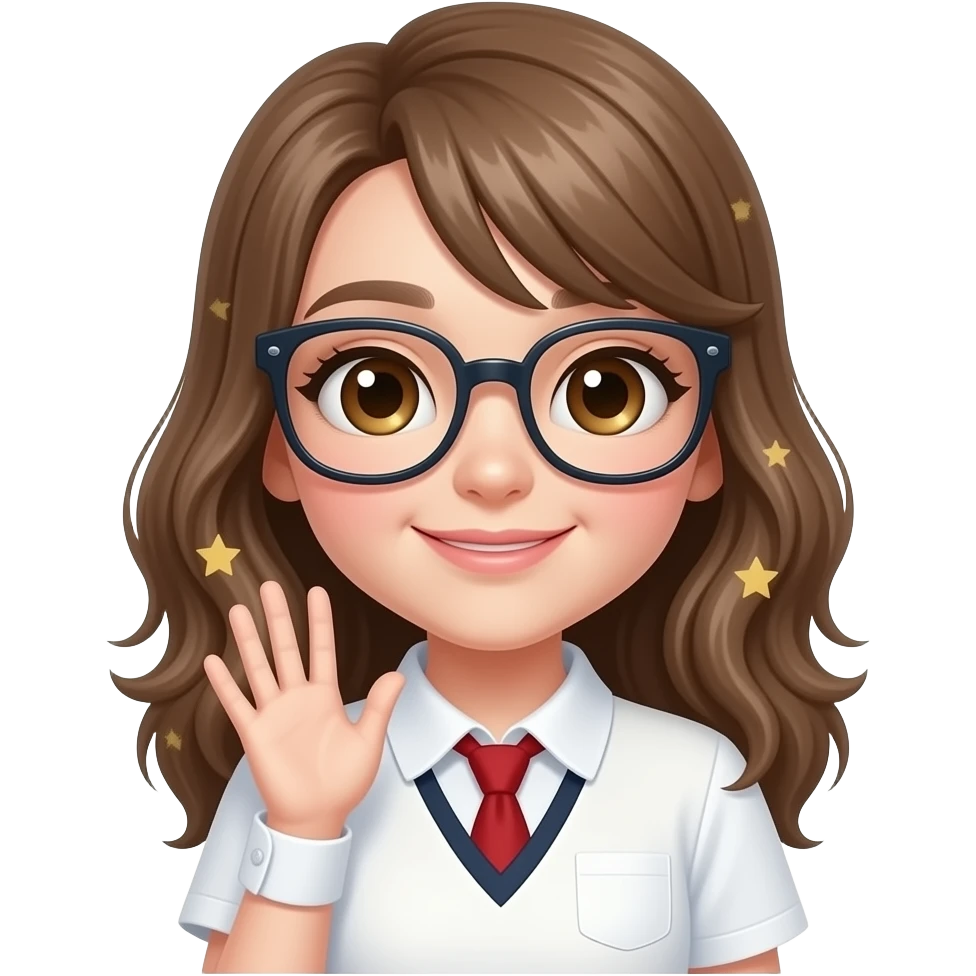 A preppy girl wavy hi to a girl whith  stars on her glasses emoji