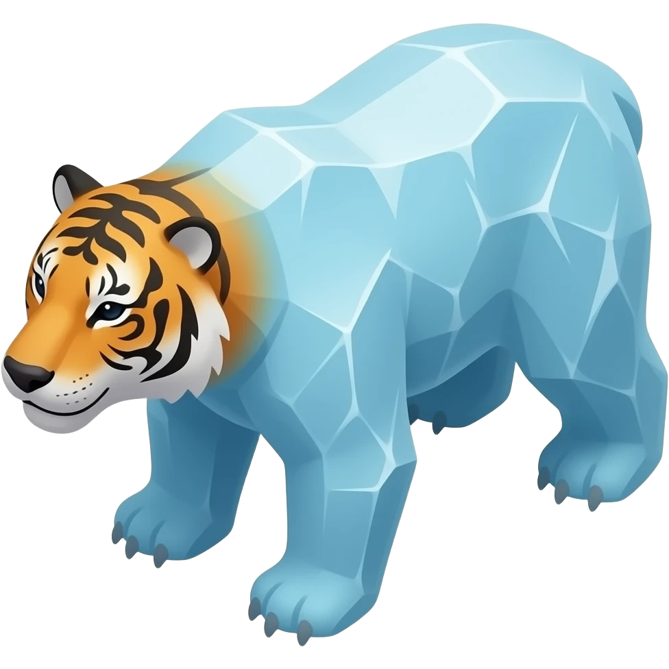🐅 tiger + 🐻‍❄️ ice bear → fused and combined into one creature, 3/4 top-down isometric game unit without any ground, readable silhouette, mobile game style, single anatomy, large head, simplified details, recognizable at 64x64, emoji color language, transparent background emoji
