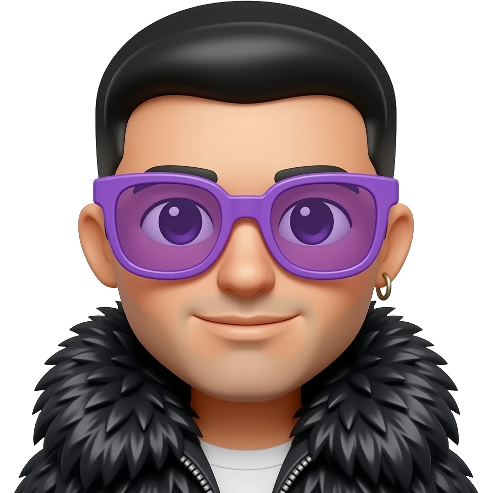 Apple emoji young Latino man, straight black fringe bowl cut, wide facial features, giant purple visor glasses, black fur collar, 3D Memoji style. emoji
