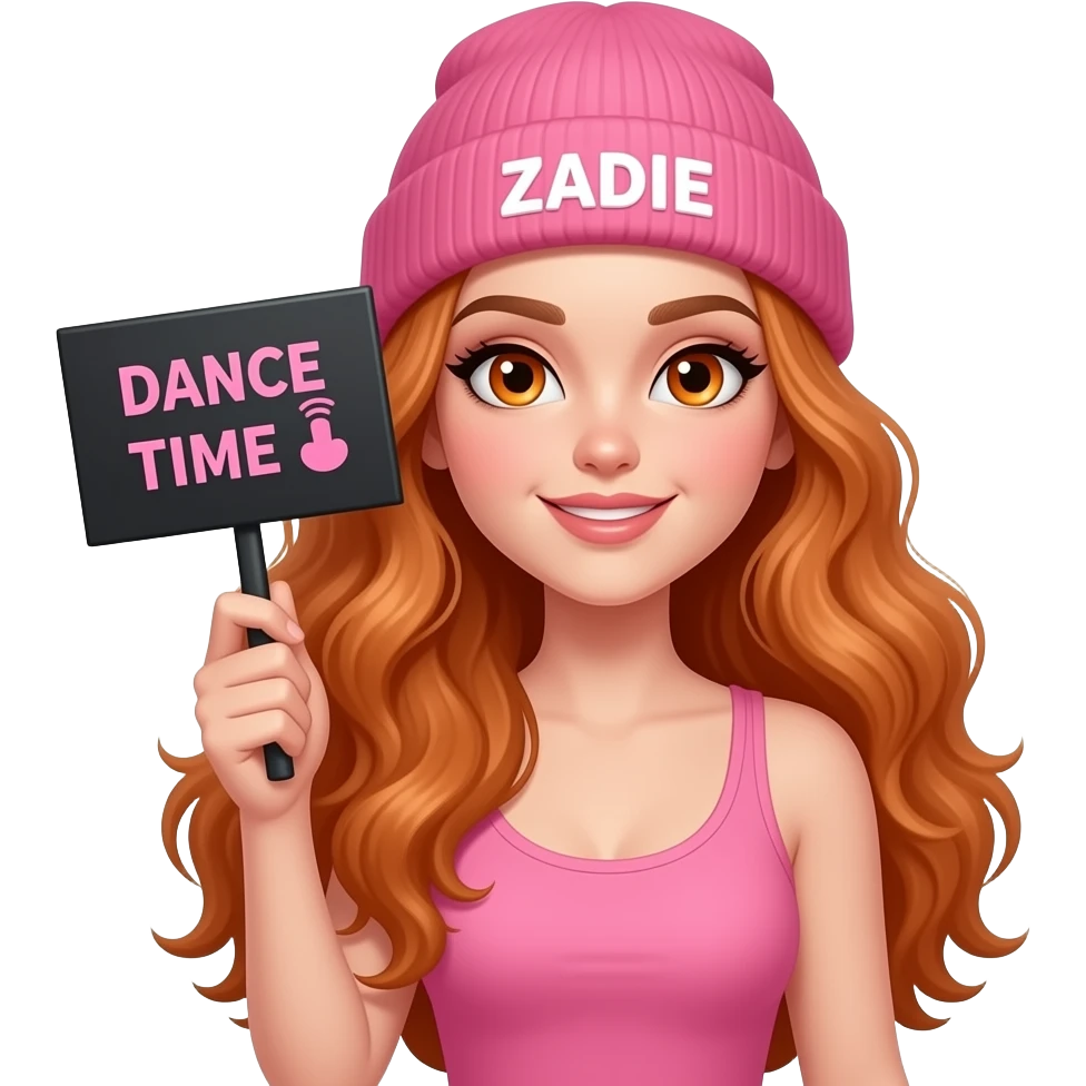 sexy girl with overlong wavy ginger hair and ginger eyes wearing a pink tanktop and a pink beanie with ZADIE written on it, is holding a black sign with DANCE TIME 💃 written on it emoji