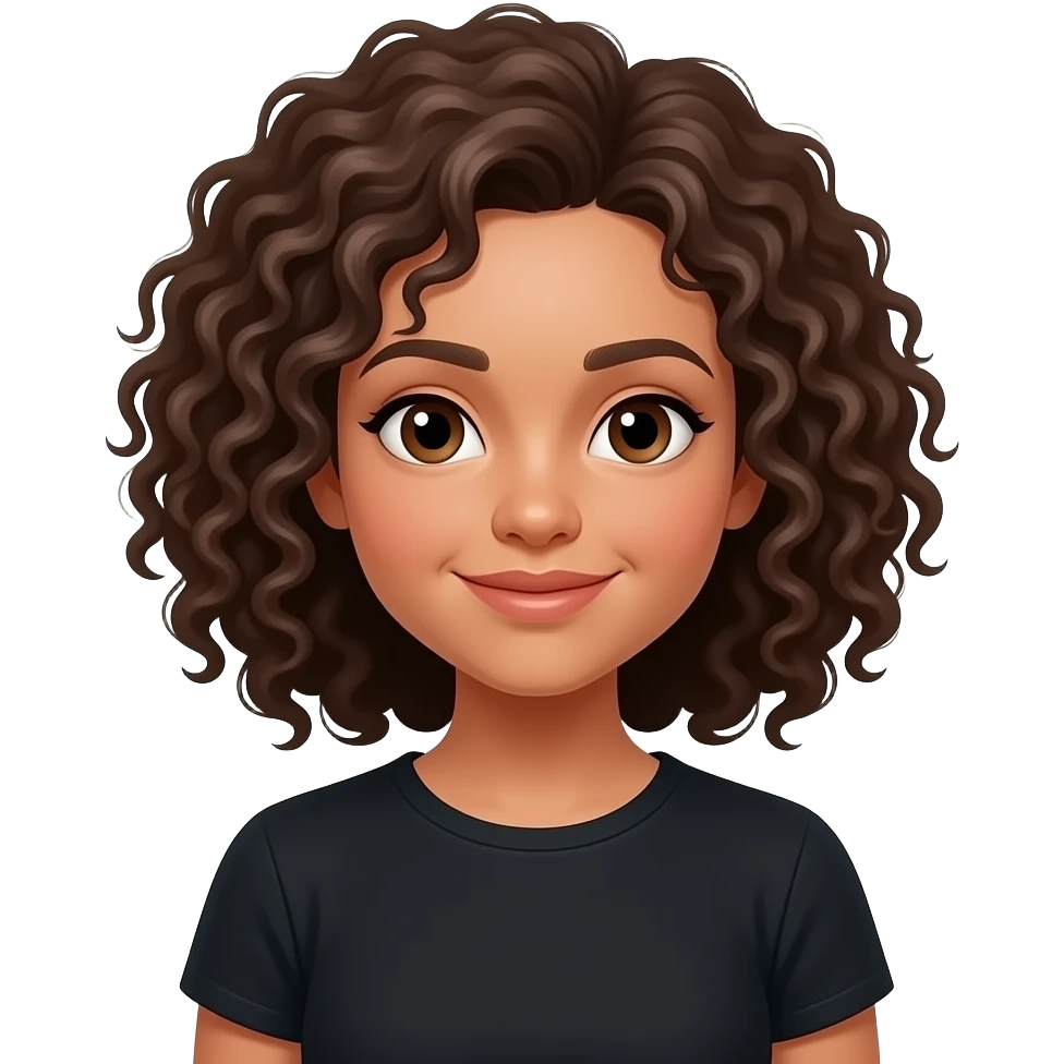 Emoji of a girl with black Friday but curly hair tan and brown eyed emoji
