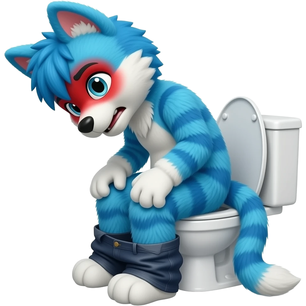 blue fursuit sitting on toilet, side view, pants down,  straining, red face emoji