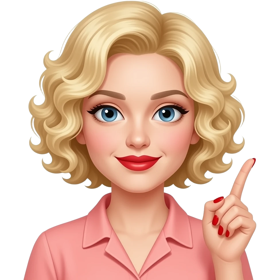 Short blond hair in spiral curls with a love it sign with red nails in a peach blouse in red lipstick emoji