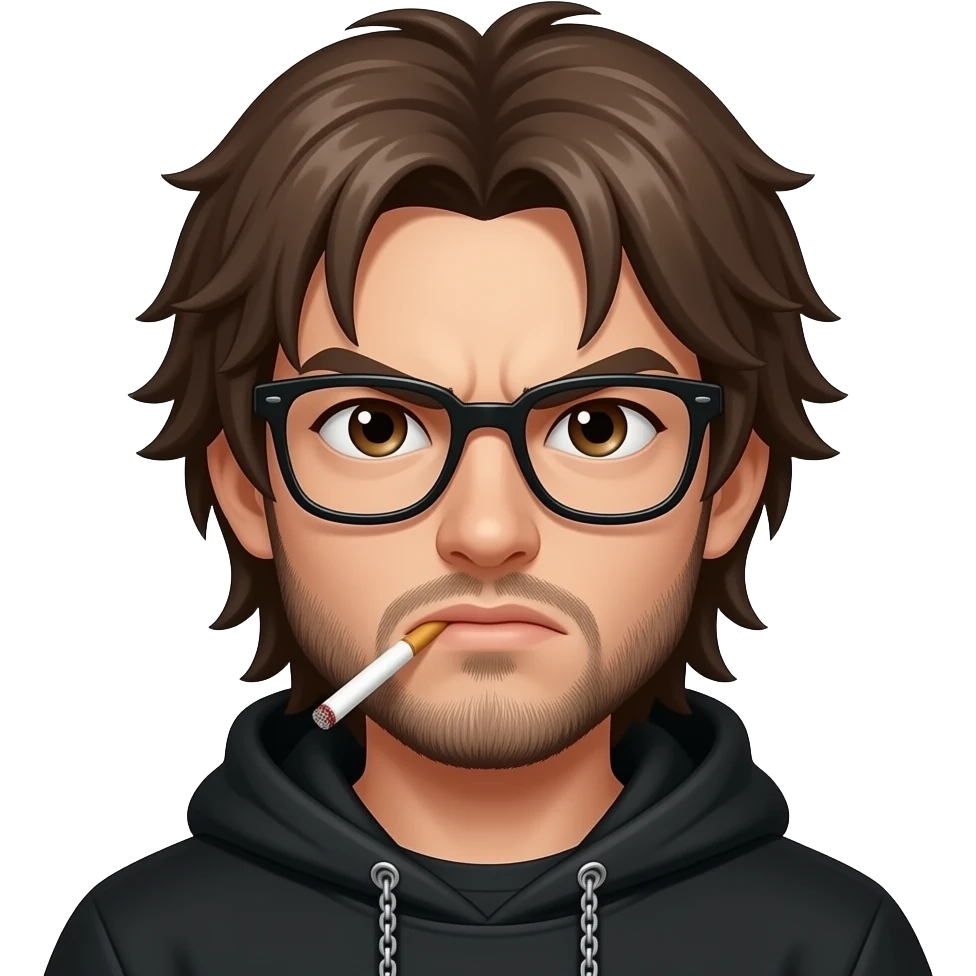 Brown hair long emo, black hoddie, angry boy,glasses, cigarett, littel bit beard, brown eyes, chain emoji