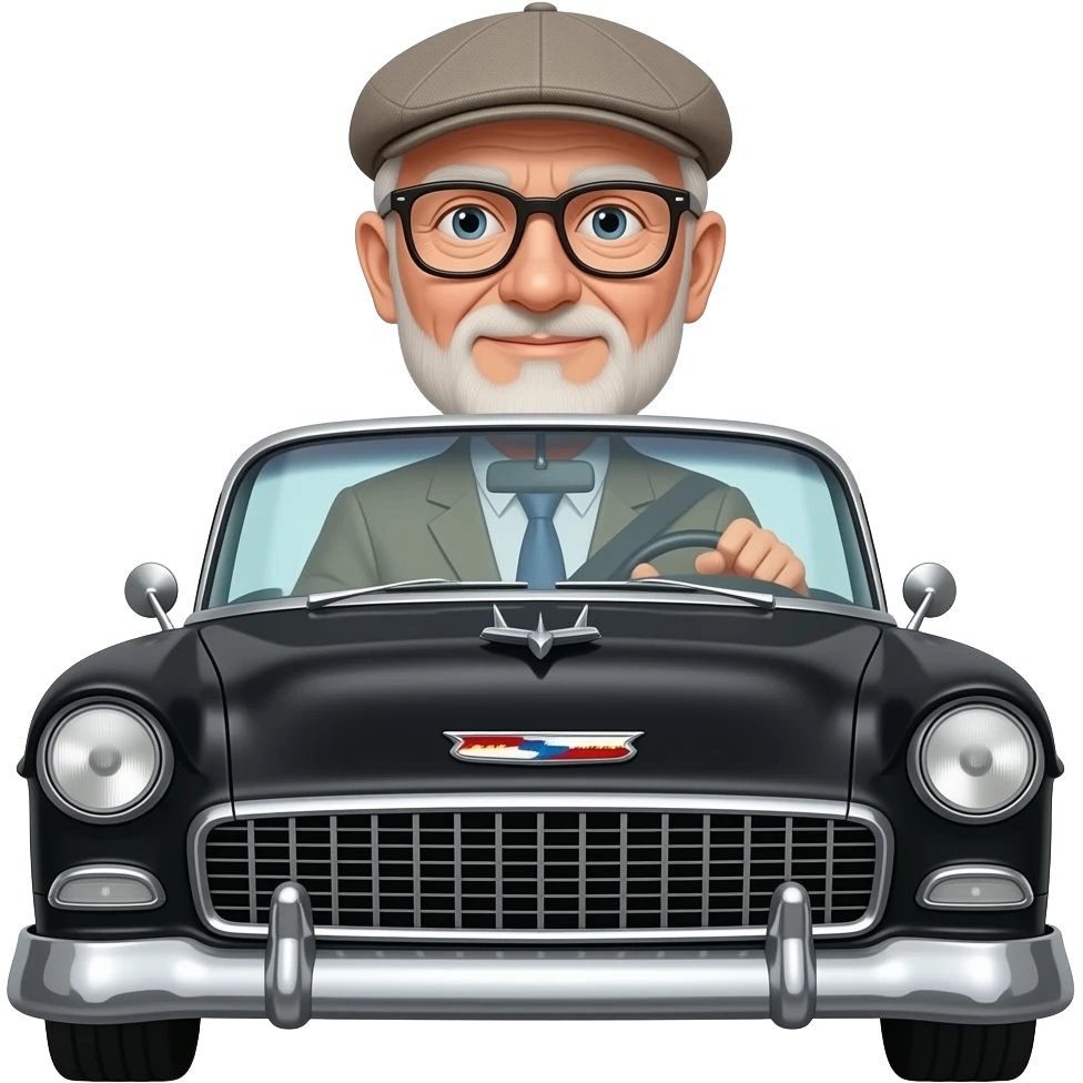 OLD MAN WITH  NO FACIAL HAIR GLASSES AND FLAT CAP DRIVING BLACK 1955 CHEVY WITH emoji