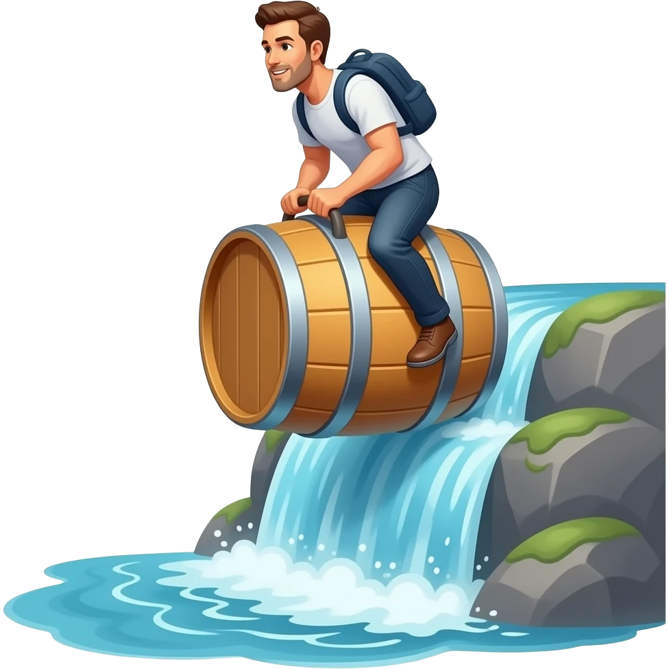 the man rides down waterfall in a barrel emoji