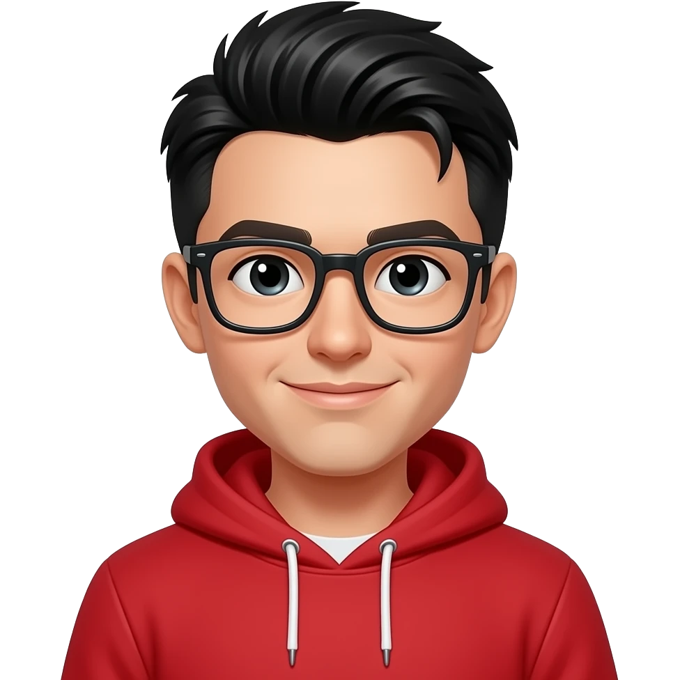 Schwarz haariger mittel scheitel junge mit brille mit ein roter Hoodie emoji