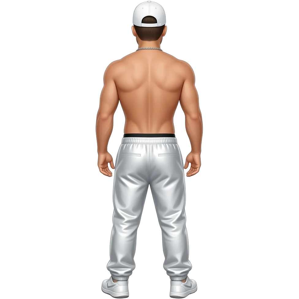 Donnie Wahlberg from behind with white cap, white metallic saggy joggers with black undies, shirtless with necklace emoji