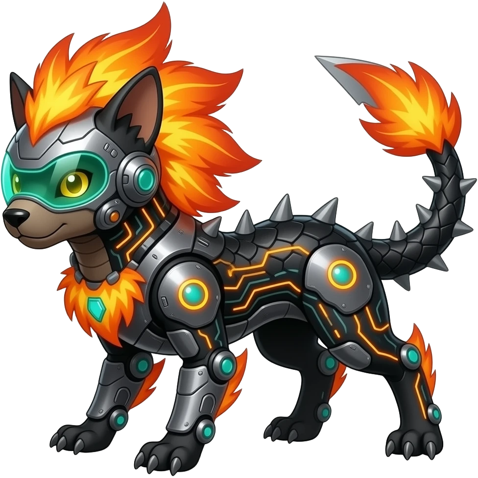 Cool edgy fiery bipedal furry cybernetic electrical visor-helmeted, Circuitry-patterned black-scaled digitigrade futuristic fantasy-Cyberpunk-Steampunk-Solarpunk-Genesect-Cyclizar-Salazzle-Protogen-Fakémon-animal-hybrid, with neon feather-mane, and a tail blade, back spikes emoji