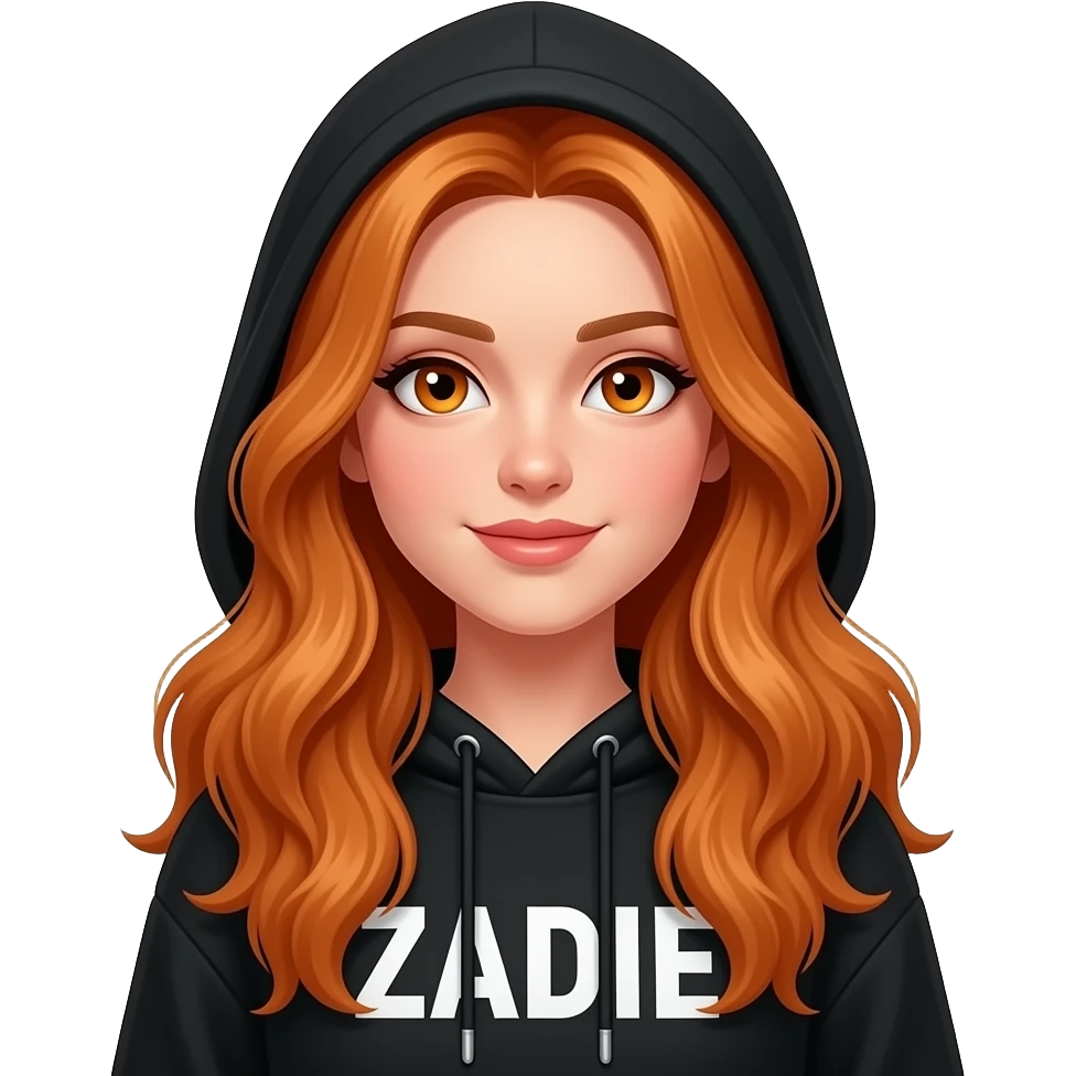 sexy girl with overlong wavy ginger hair and ginger eyes wearing a black hoodie with the hood atop her head, on the hoodie is printed with ZADIE on it emoji