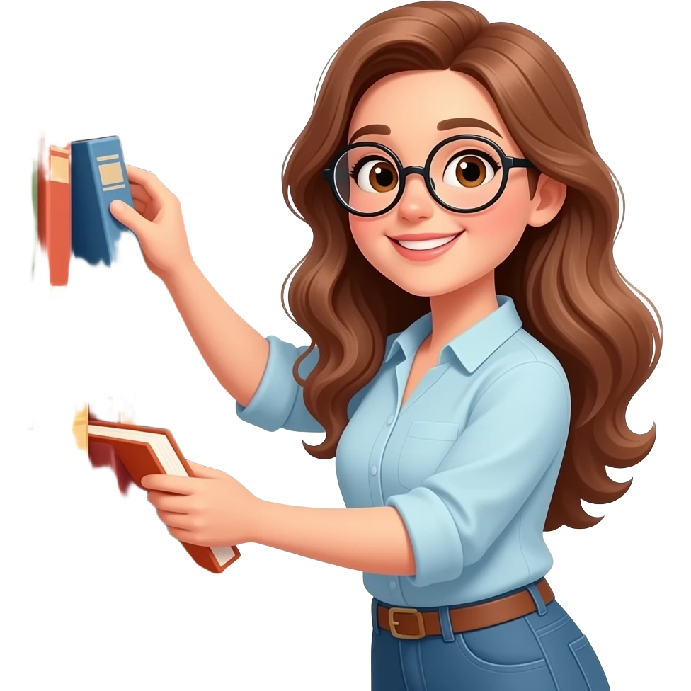 detailed emoji illustration of a curvy woman with long light brown wavy hair, light brown eyes and round glasses organizing books on a bookshelf, happy book lover vibe, cute emoji style emoji