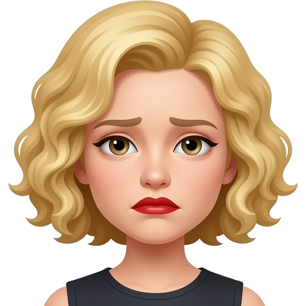 Short curly blond hair side swept with a sad face, red lipstick emoji