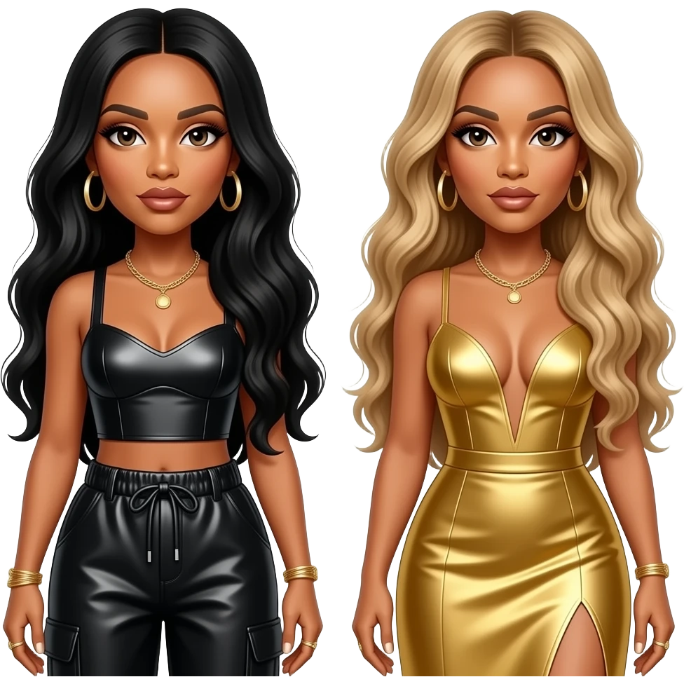 Aaliyah with long black hair, black metallic crop top, black metallic baggy pants, Beyonce with long blonde hair, gold dress emoji