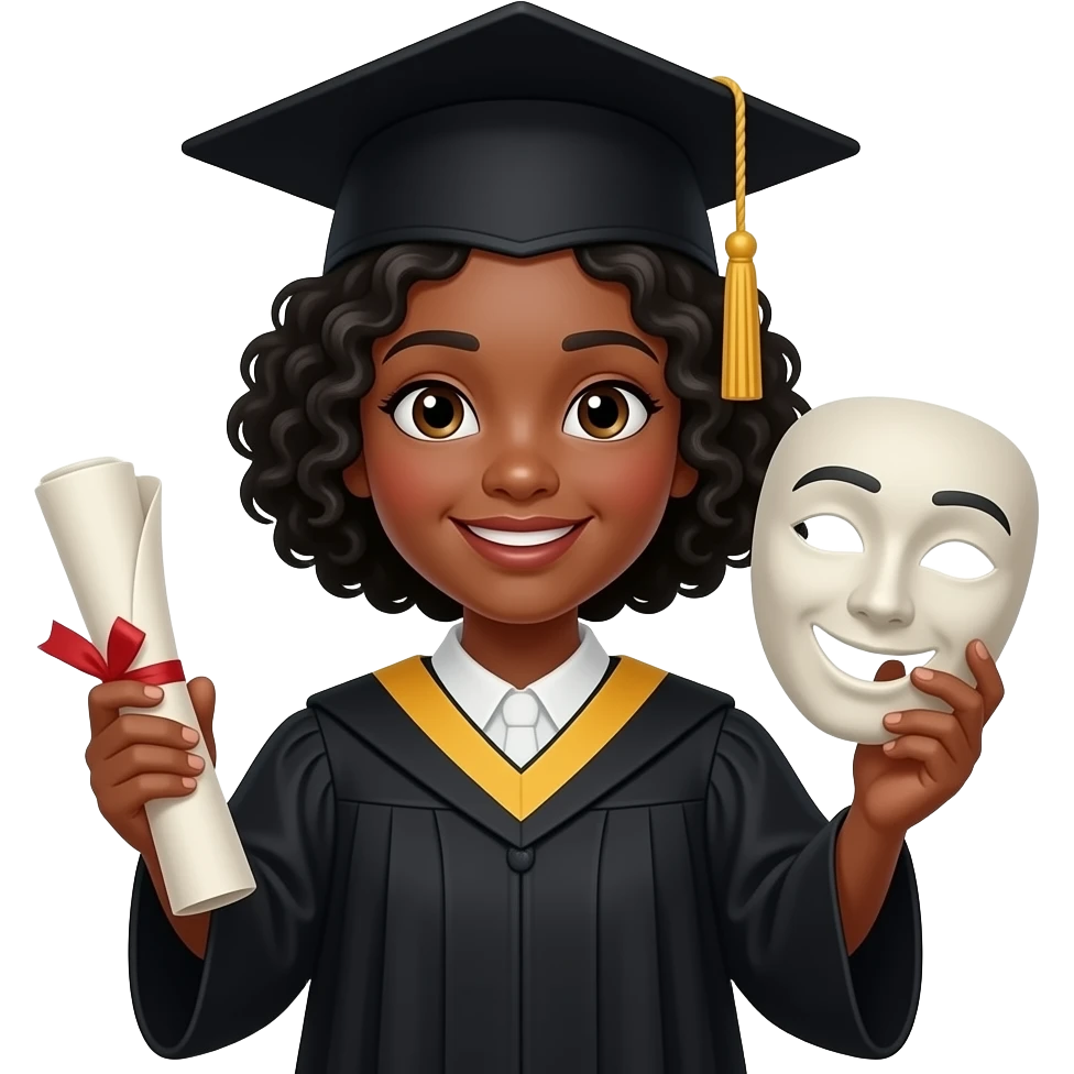 create me an emoji-style png of a black bot student with short black curly hair wearing a classic black graduation cap major, in a style of "theater" major. In one hand hes holding a rolled up graduation paper, and in the other hand holding a item that represents the theater major emoji