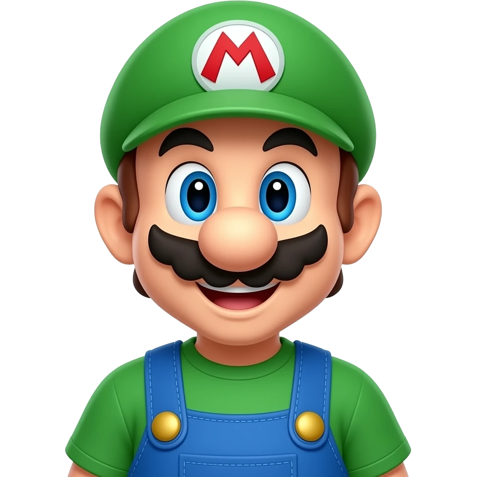 “Super Mario outfit, green cap with M logo, blue overalls, cartoon style clothes, but replace Mario’s face with a realistic young man face, funny expression, high quality, vibrant colors, clean background emoji