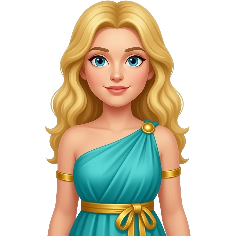 Greek godess with blonde hair, ocean teal dress and golden obi belt emoji