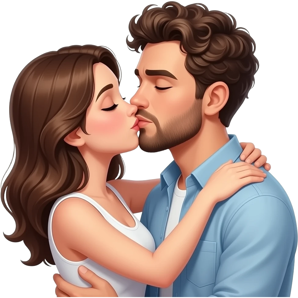 Realistic white man super short curly brown hair with beard kissing passionately and hugging realistic white girl brown hair HD emoji